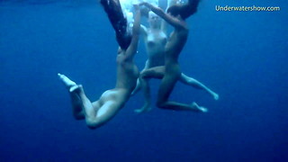 Torrid erotics in the river with 3 femmes