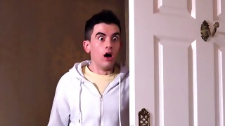 Fellow catches stepmom having romp with his gf and joins