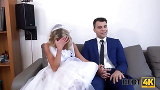 DEBT4k. Debt collector porks the bride in milky sundress and pantyhose