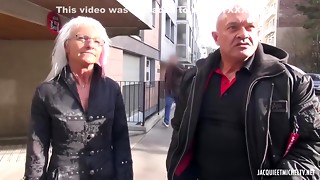 Mature doll with silver hair is wearing glamour underwear while having orgy with 2 studs