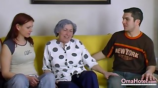 Nude duo and wild grandmother toying and stroking with hook-up playthings