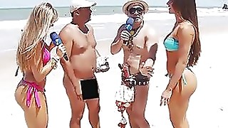 Latin Reporter On The Beach With 2 Warm Honeys