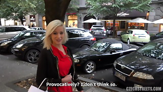 Sizzling blondie gargles big wood by the car