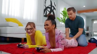 Bi-racial 3some makes the women leave behind about vid game