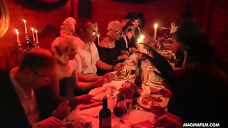 Fetish Costume play Swinger Soiree - Red-haired and blond hooded Mummies in gang lovemaking