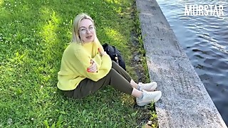 Cumshot in the mouth of a webcam girl  in a public Park  / Murstar