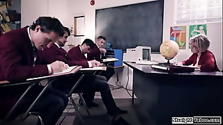 StraightTaboo.com - Teacher is dominated by 4 students that are tired of her scolding.The big tits milf is facefucked and then a teen rims her.Then another guy fucks her