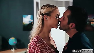 StraightTaboo.com - The janitor stalks a tall student and makes her kiss him.He licks the small tits blondes hairy pussy and the teen sucks his big dick.Then he bangs her
