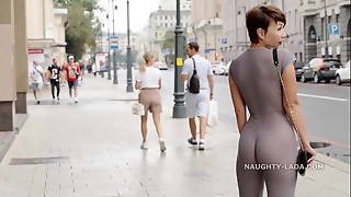 Naughty Lada wear see-through outfit in the city.
